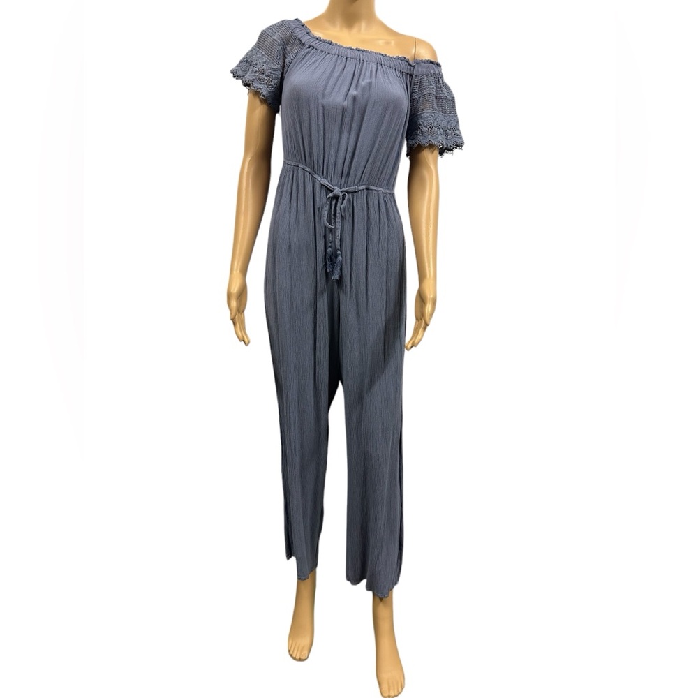 Hint of Blush Dusty Blue Rayon Off Shoulder Lace Sleeve Tie Waist Jumpsuit Small